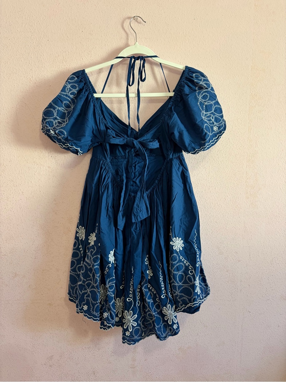 Urban Outfitters 100% Cotton Deep V-Neck Embroidered Puff Sleeve Babydoll Dress - Picture 7 of 8
